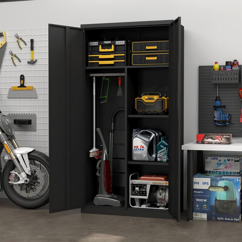 Anmytek Black Lockable Storage Cabinet with Hanging Rod and Adjustable Shelves Secure Wardrobe for Bedroom and Living Room