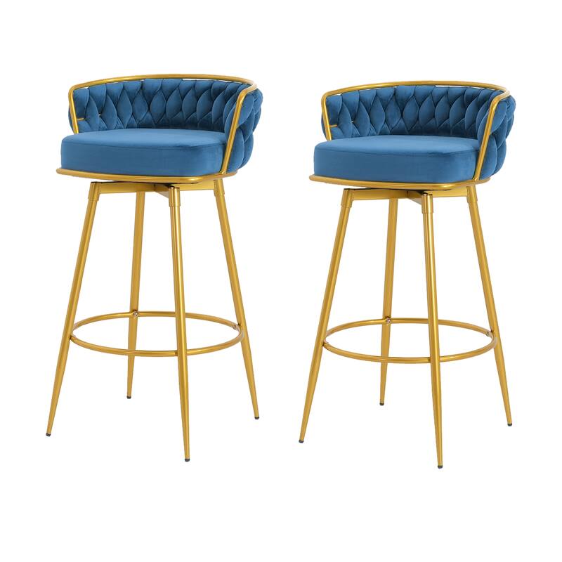 Roomfitters 31.5" Swivel Counter Height Bar Stools Set of 2, Low Back Upholstered Kitchen Chairs with Gold Metal Legs, Blue