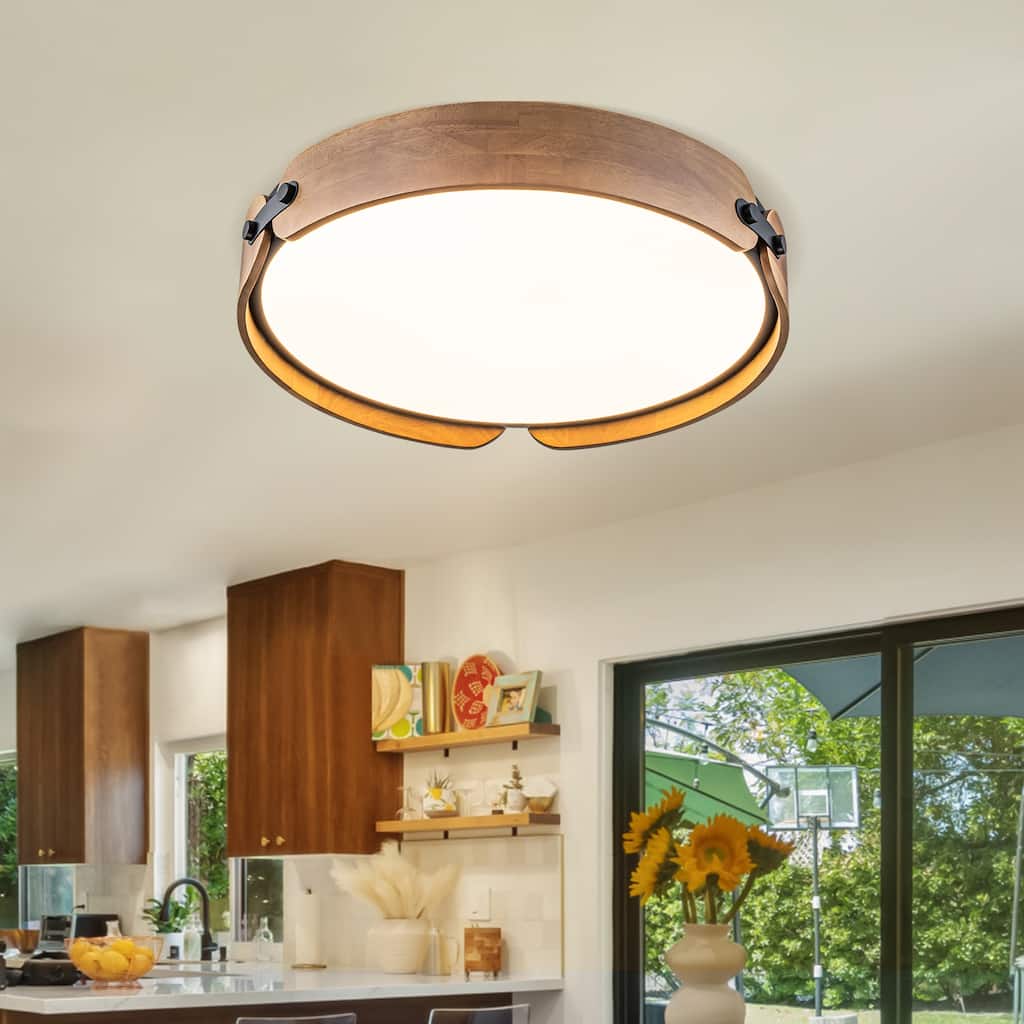 1-Light Farmhouse Wood Integrated LED Flush Mount Ceiling Light