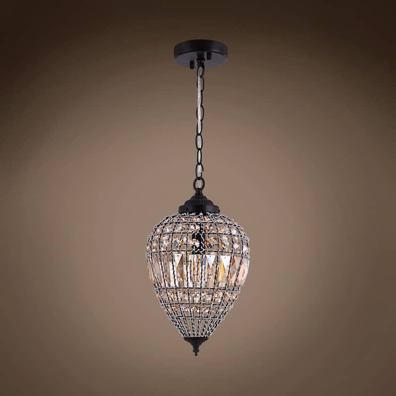 Bronze Beaded Amber Crystal 1 Light Island Pendant 12" Chandelier - 9" Wide x 12" Height