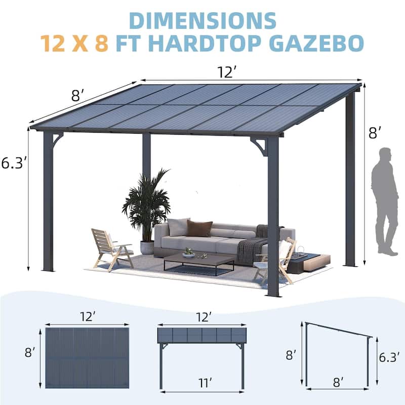 8x12ft Wall Mounted Gazebos Pergola, Outdoor Lean to Gazebo Awnings
