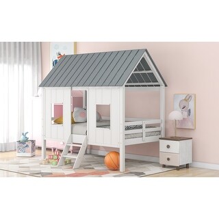 Twin Low Loft House Bed with Roof and Windows, Fun Play Design