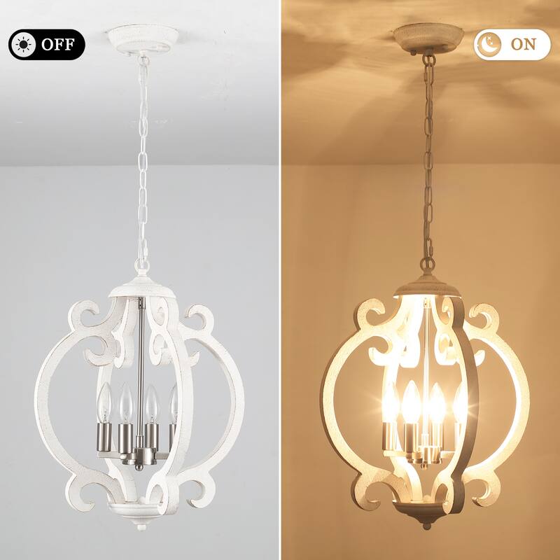 4-Light 15.74-inch Farmhouse Wooden Lantern Chandeliers for Entryway