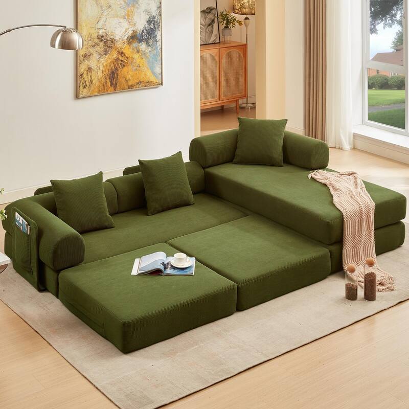 107'' L-Shaped 7-in-1 Corduroy Modular Sectional Sofa Bed, 4-Seat, Green