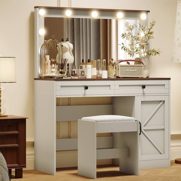 Dressing Table Set with Lighted Mirror, Large Makeup Vanity with 2 Drawers  Clear Glass Table Top Women's Dressing Table - Bed Bath & Beyond - 42252312