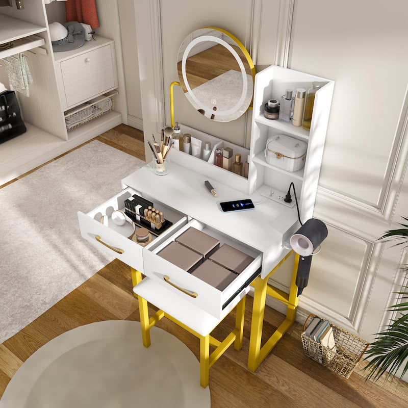 Makeup Vanity with 3 Color LED Lights,Power Outlet,Drawers and Chair