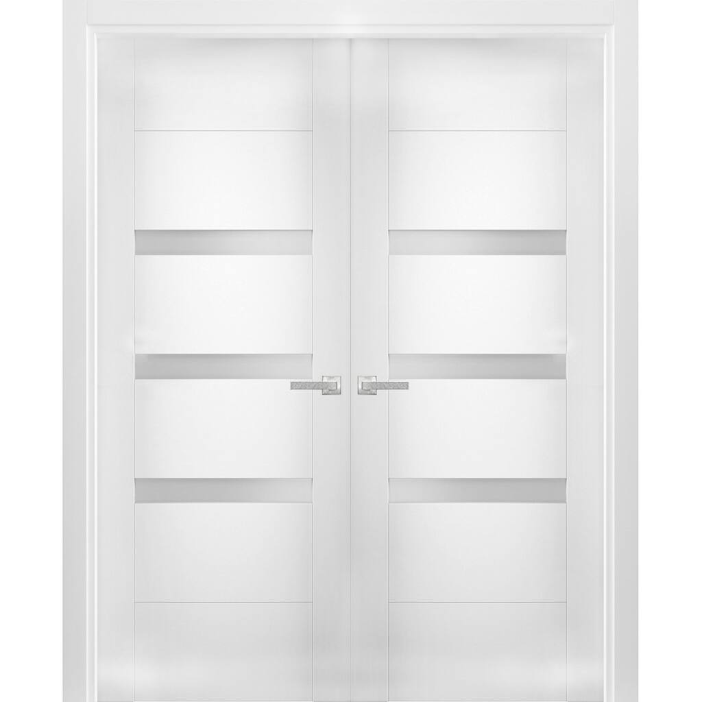 Solid French Double Doors Opaque Glass / Sete 6900 White Silk / Wood Solid Panel Frame / Closet Bedroom Modern Doors
