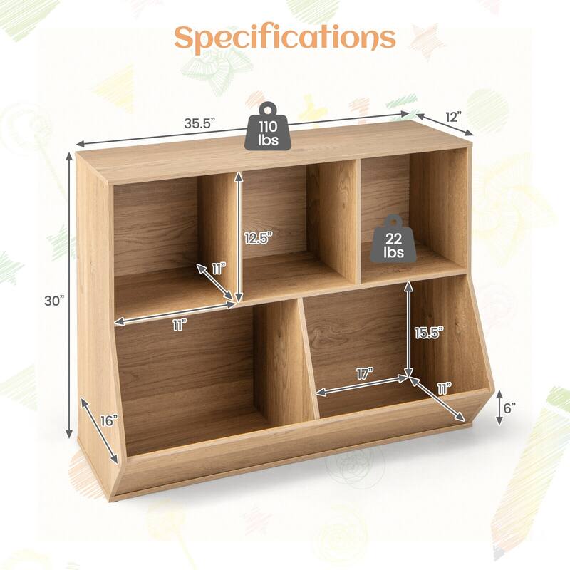5-Cube Wooden Kids Toy Storage Organizer with Anti-Tipping Kits - 35.5" x 16" x 30"