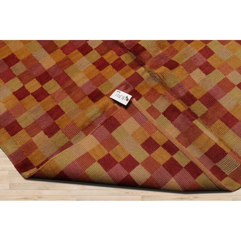 Hand Knotted Raspberry, Gold Tibetan Wool Modern Oriental Area Rug - 5' x 8'