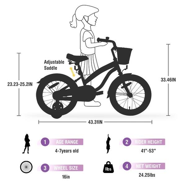 dimension image slide 3 of 4, Girls Bike 16 Inch Wheel Child Bicycles with Training Wheels