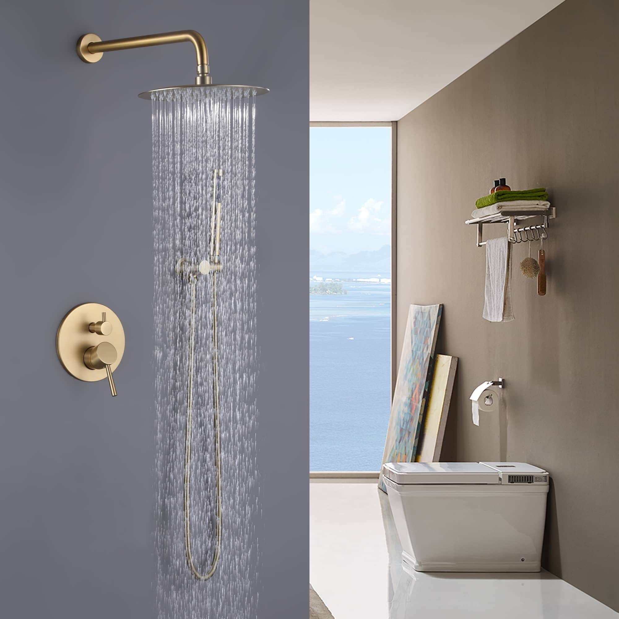 Burnished Brass gold shower head set 200 mm DIA round wall ceiling arm handle up 