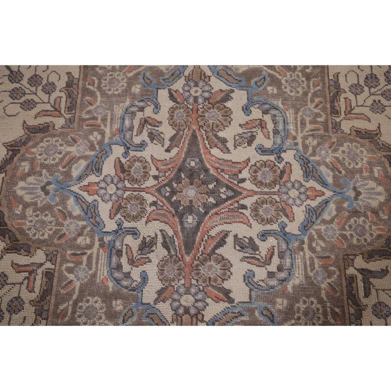 Beige Tabriz Vintage Persian Area Rug Handmade Wool Carpet - 9'6" x 12'7"