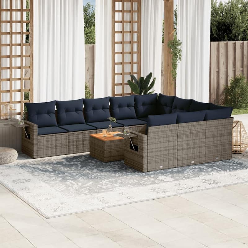 vidaXL 11 Piece Patio Sofa Set with Cushions Black Poly Rattan - 24.4" x 24.4" x 27.2" - Grey  - form2