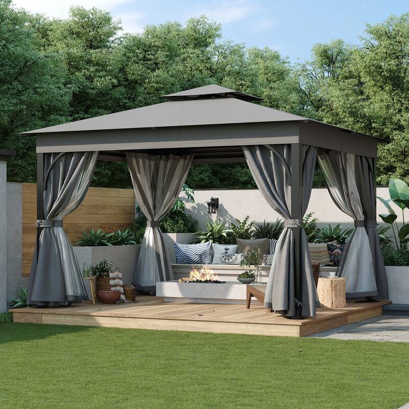 10x12 Outdoor Gazebo Tent with Double Roofs(Grey)