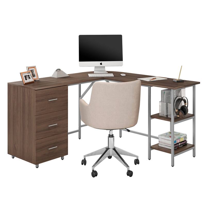L-Shape Home Office Two Tone Desk with Storage, Walnut - Brown