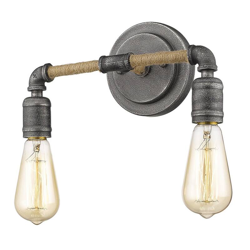 Modern Hardwired Wall Light with Rope and Pipe Accents 2-Light Grey Steel Fixture for Bathroom - 6.25" H x 12.25" W x 5" D