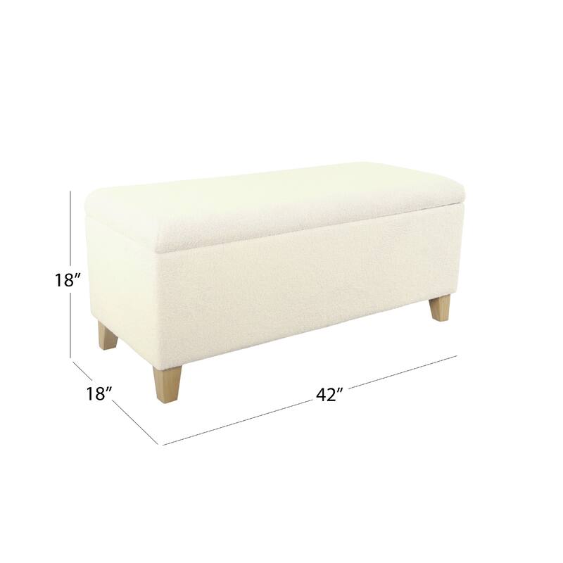 Liv 42 Inch Cream Sherpa Storage Bench Ottoman with Natural Brown Wood