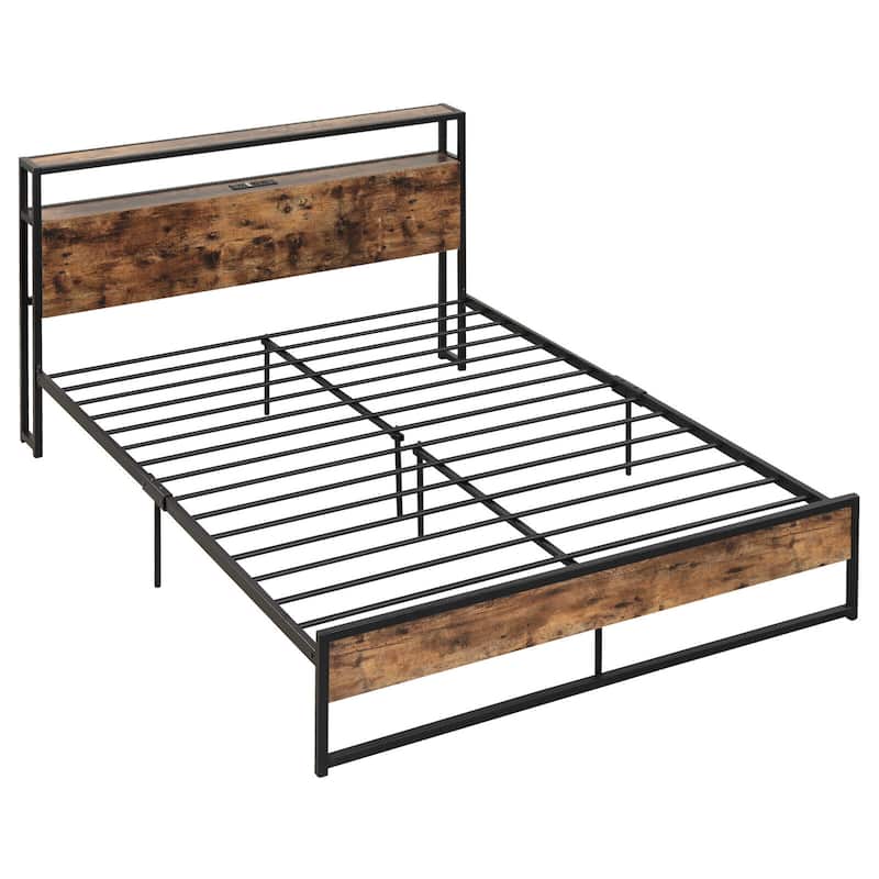 Gymax Queen Size Industrial Platform Bed Frame with Charging Station
