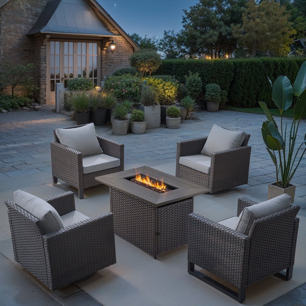 5 Pieces Patio Wicker with Fire Pit Table - Beige cushion - Brown