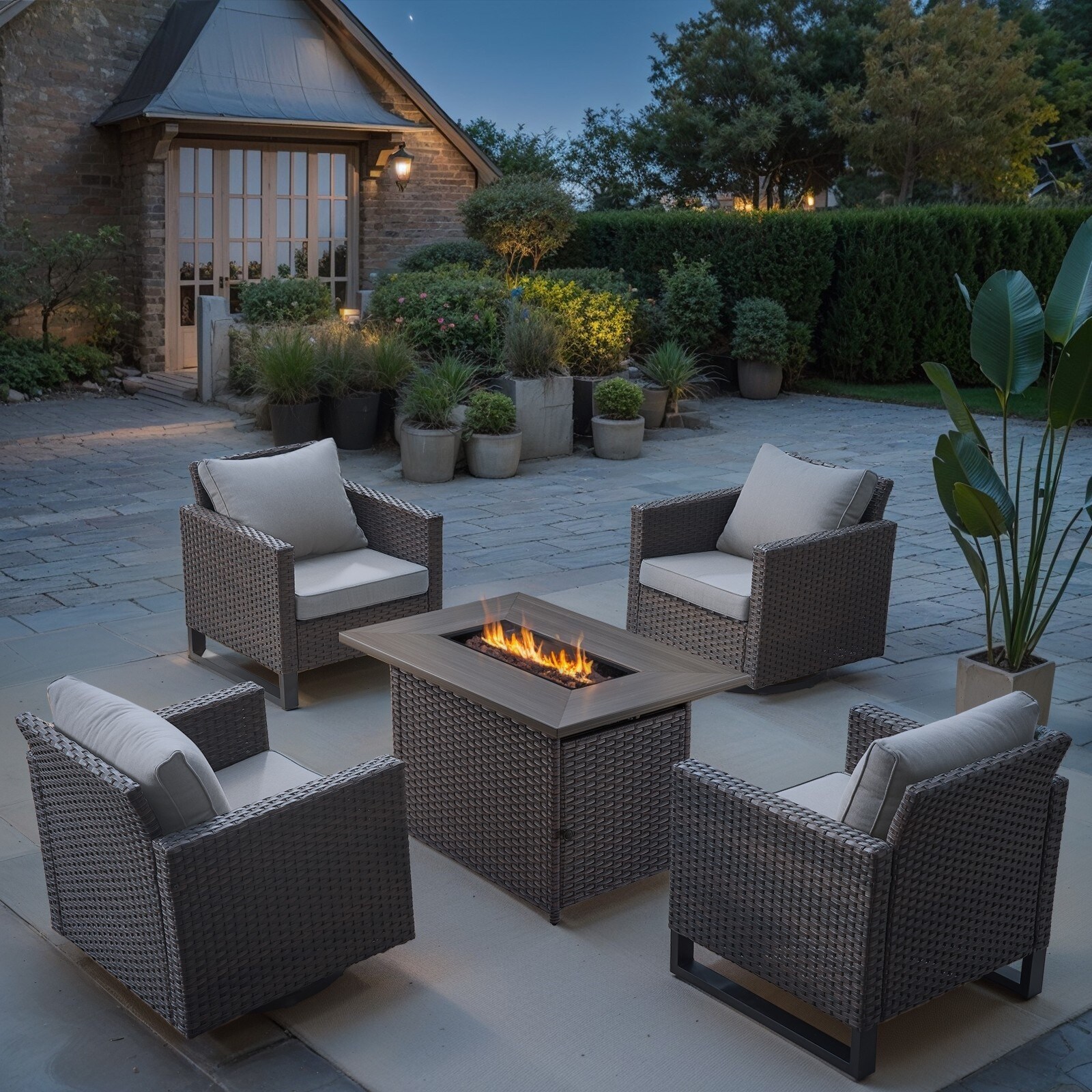 5 Pieces Patio Wicker with Fire Pit Table - Beige cushion - Brown