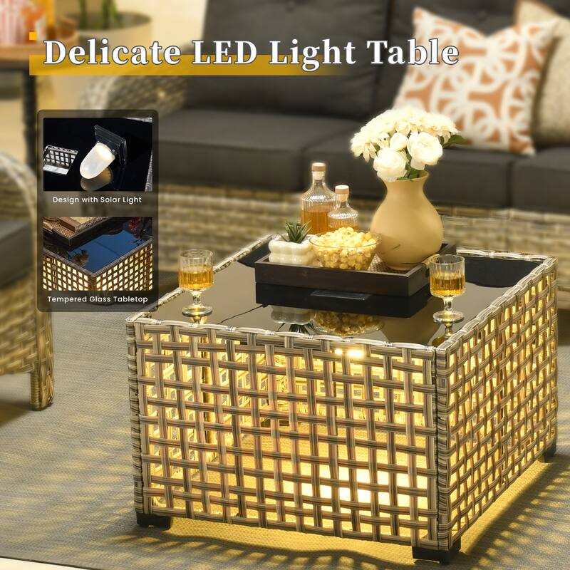 HOOOWOOO 8-piece Patio Wicker Rattan Swivel Rocking Chair Set with Solar-powered Table