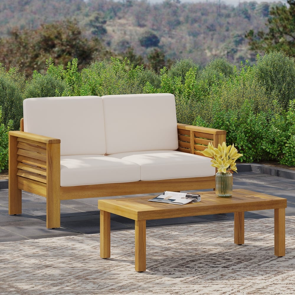 Louver Acacia Wood Outdoor Loveseat and Coffee Table Set with Cushions by Christopher Knight Home