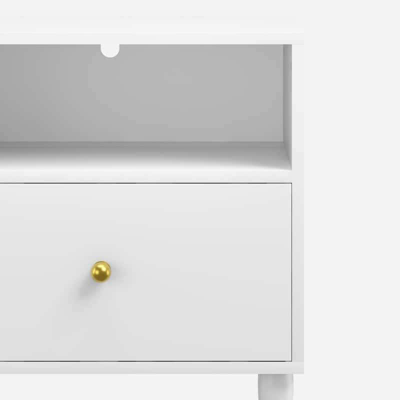 Modern Nightstand with Drawer and Open Shelf, Bedside Table with Gold Knob, Solid Wood Legs, Small End Table for Bedroom