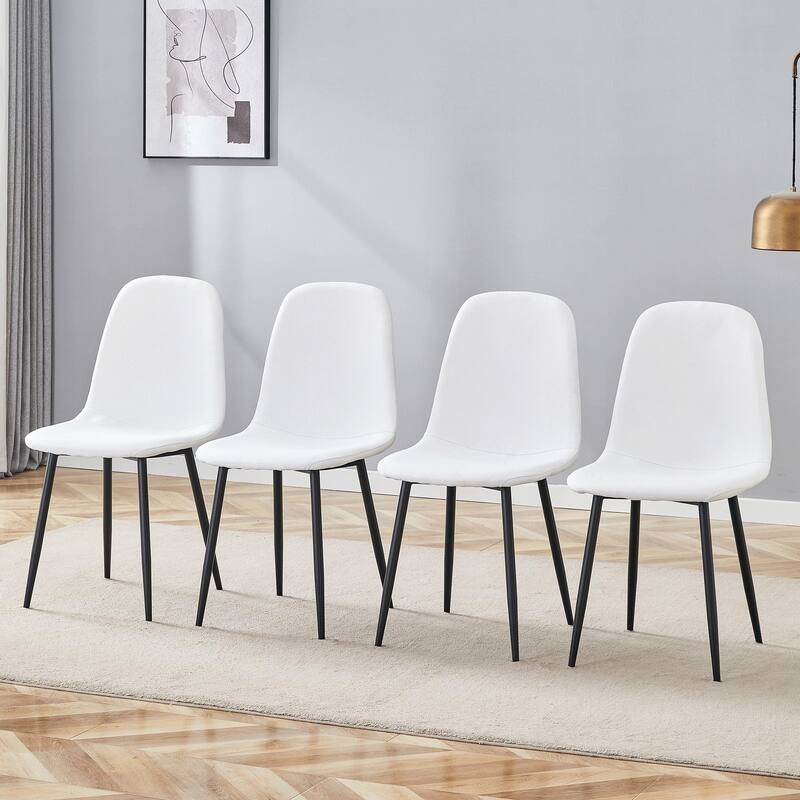 Luxury Simple Chair - Set of 4 WHITE Linen-Cotton Material High Resilience Dining Chair with Metal Black Leg - White+Black