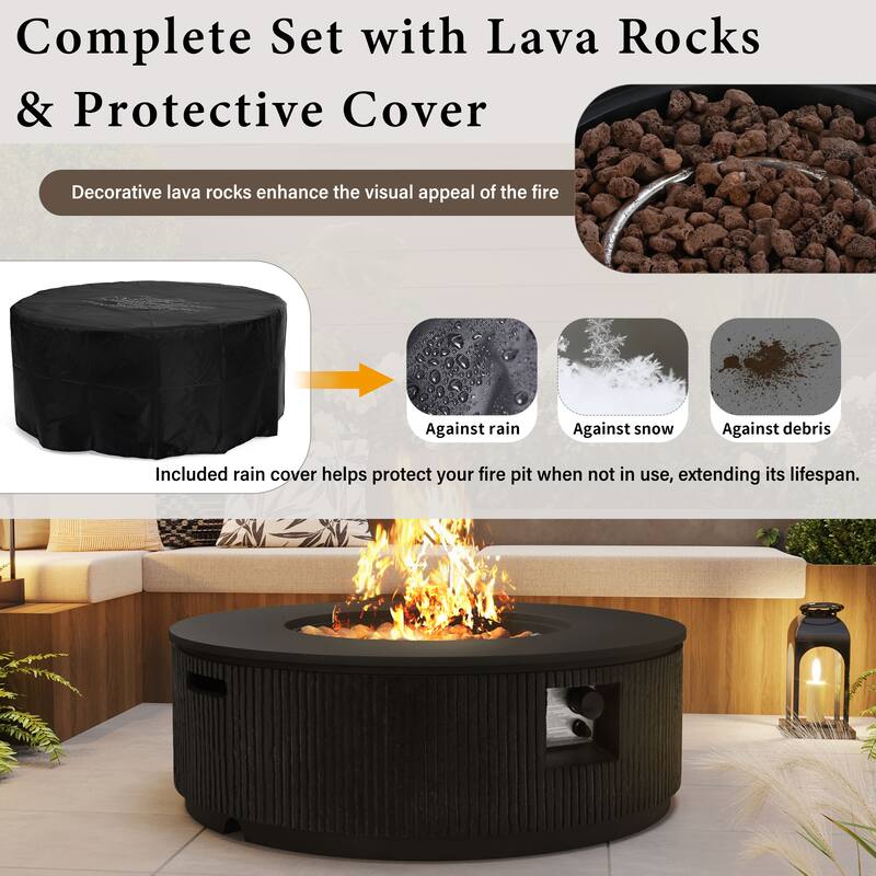 38.19" Propane Outdoor Fire Pit with Vertical Stripe Design, 50000 BTU Round Fire Pit Table with Steel Burner, Flame Control