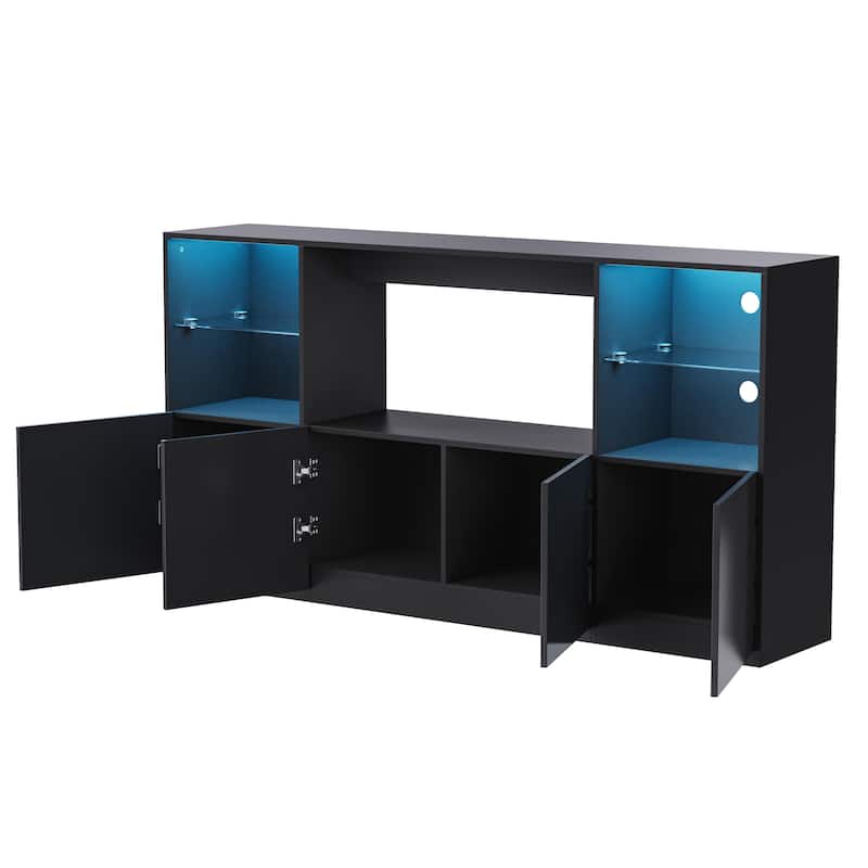 Black 67" TV Stand with LED, Large Cabinet & Tempered Glass Shelves for TVs Up to 75"