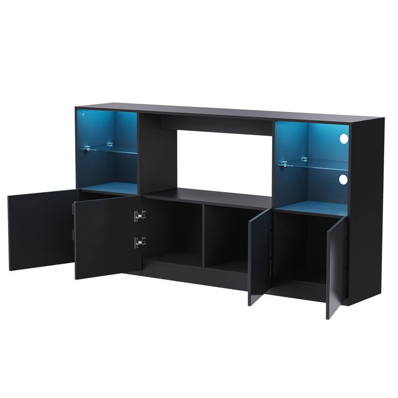 Modern High-Gloss TV Stand for TVs up to 75" with LED Lights, Large Storage Cabinet and Tempered Glass Shelves, Black