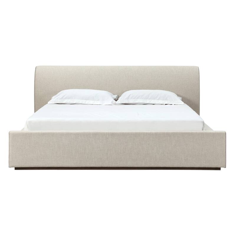 Reza King Size Platform Bed, Sleigh Headboard, Low Profile, Beige Linen