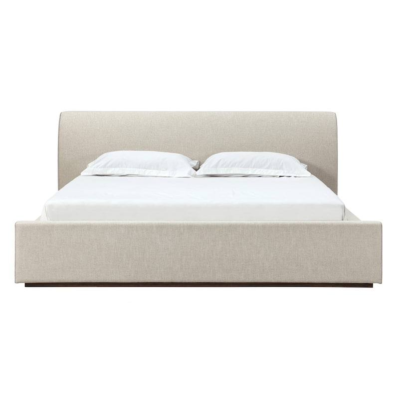 Reza Queen Size Platform Bed, Sleigh Headboard, Low Profile, Beige Linen