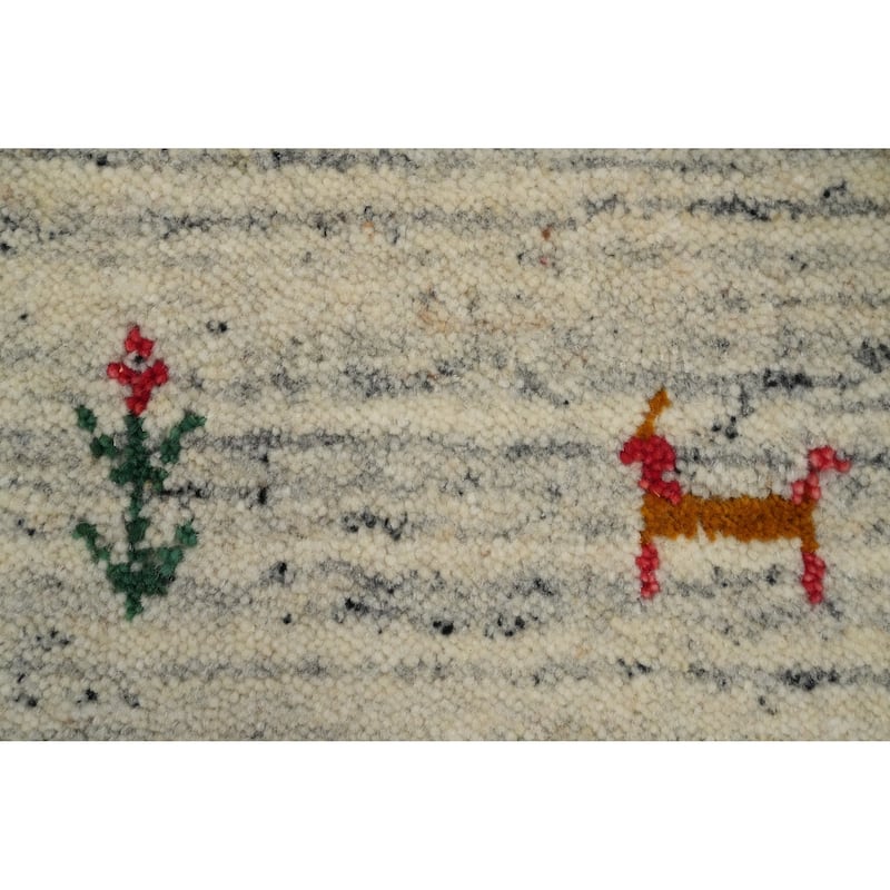 Hand Knotted Oriental 100% Wool Carpet Tribal Animal Pictorial Beige & Ivories Gabbeh Runner Rug - 4' 9'' X 2' 0''