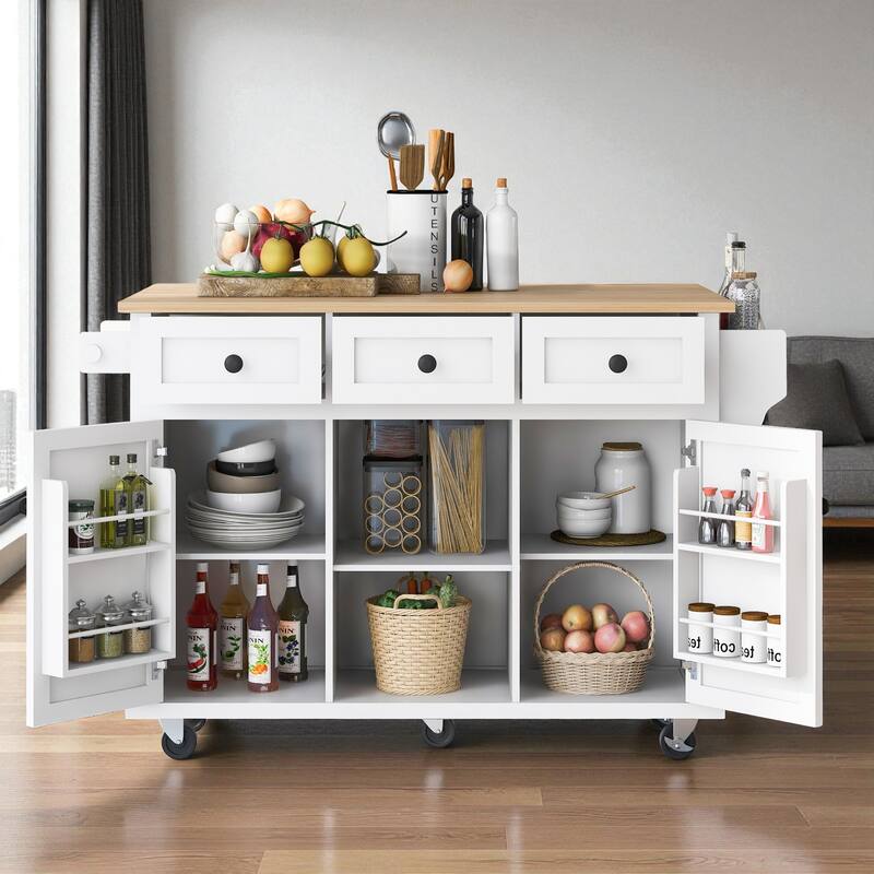 53" Kitchen Island Cart with Rubber Wood Drop Leaf, Rolling Storage Cabinet with Drawers, Spice & Towel Rack
