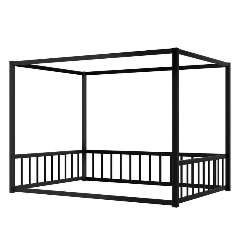 Full Size Sunshade Floor Bed, Iron Double-Size Bed Frame,Equipped With Fence-Style Guardrails
