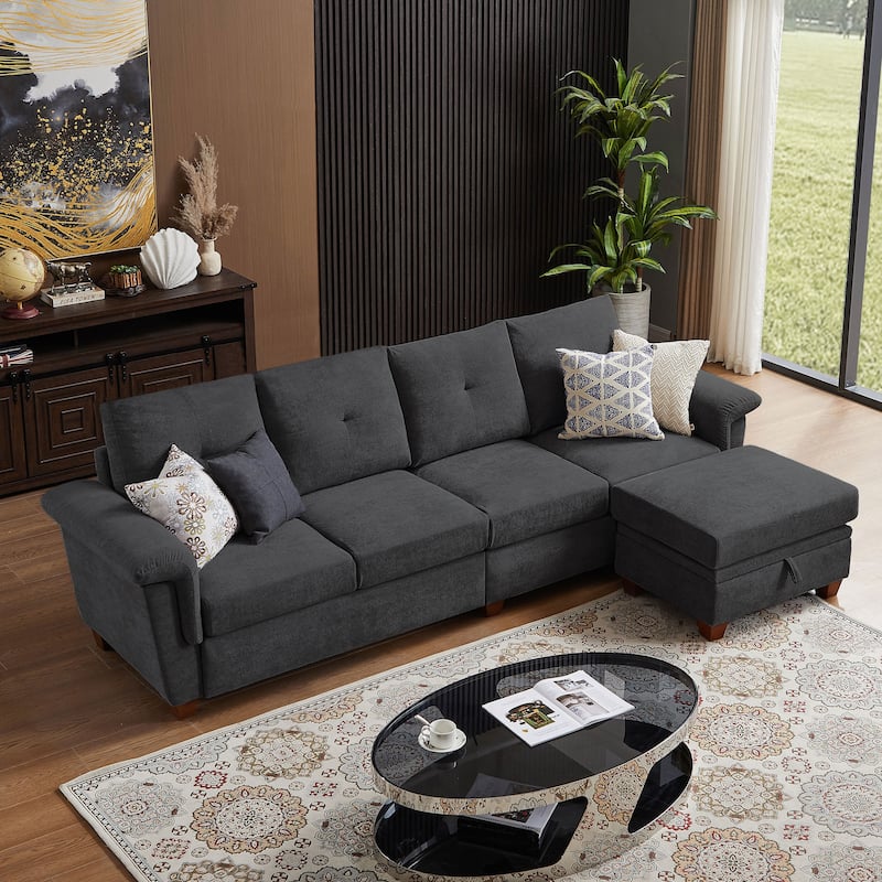 109" Modern 4 Seaters Towelling Sectional Sofa with Hidden Coffee Table Adjustable Headrest and Large Storage Space