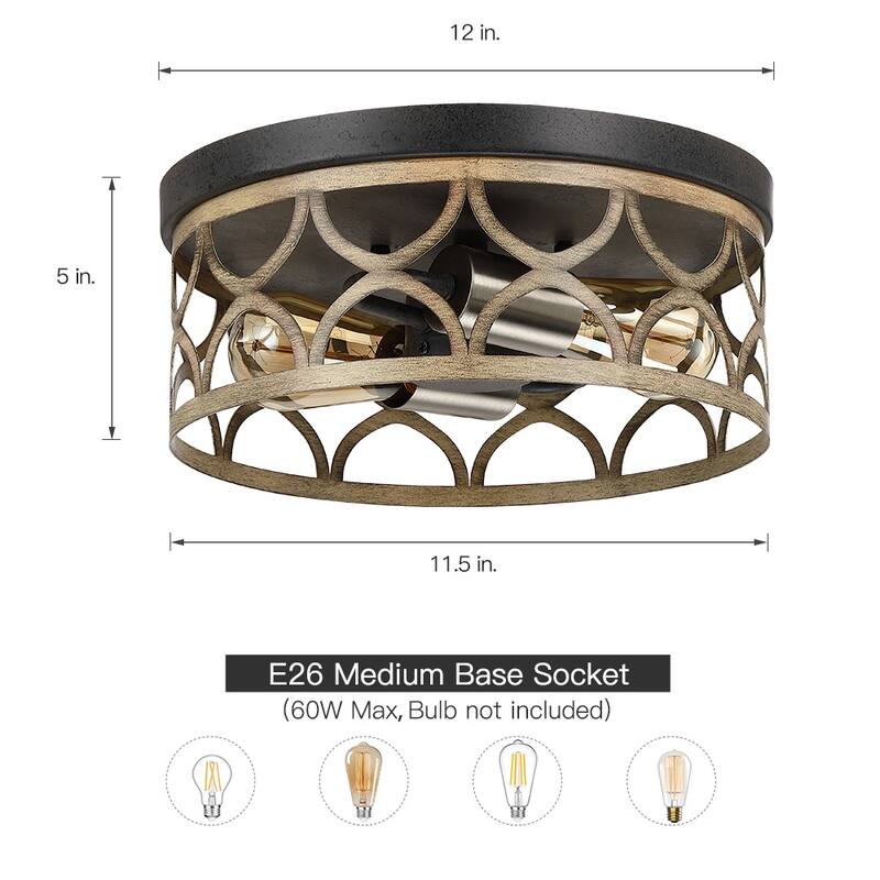 12 in. 2-Light Bronze and Wood Tone Flush Mount Ceiling Light - 12"W