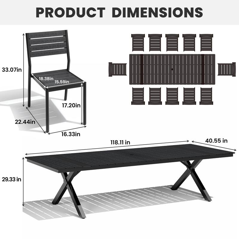 11/13-Piece Outdoor Aluminum Dining Table Set Rectangular Table with Umbrella Hole and Stackable Chairs