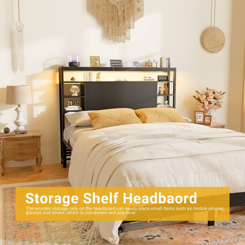 Headboards with Storage Shelves, Head Board with Power Outlet and LED Light for Bed Frame
