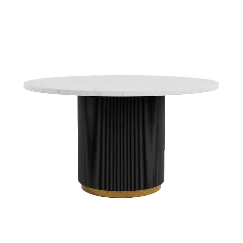 Voa Dining Table, 54 Inch Round, White Marble Top, Black Reeded Base - Black, White