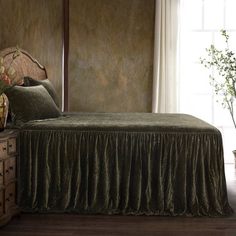 HiEnd Accents Stella Faux Silk Velvet Ruffle Skirt 3 Piece Bedspread Set with Pillow Shams - Fern Green - Twin