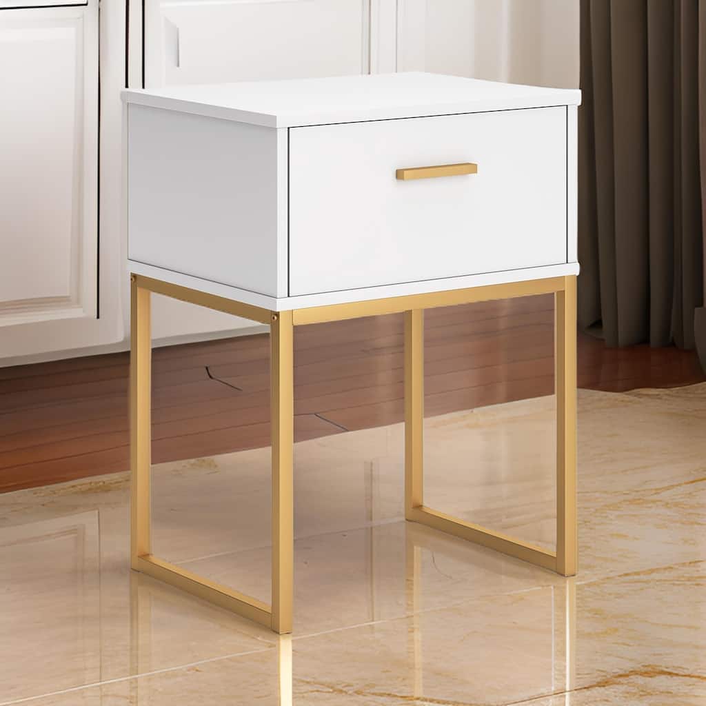 Alli Nightstand, 1 Drawer, Matte White Wood, Gold Metal Legs, 26 Inch