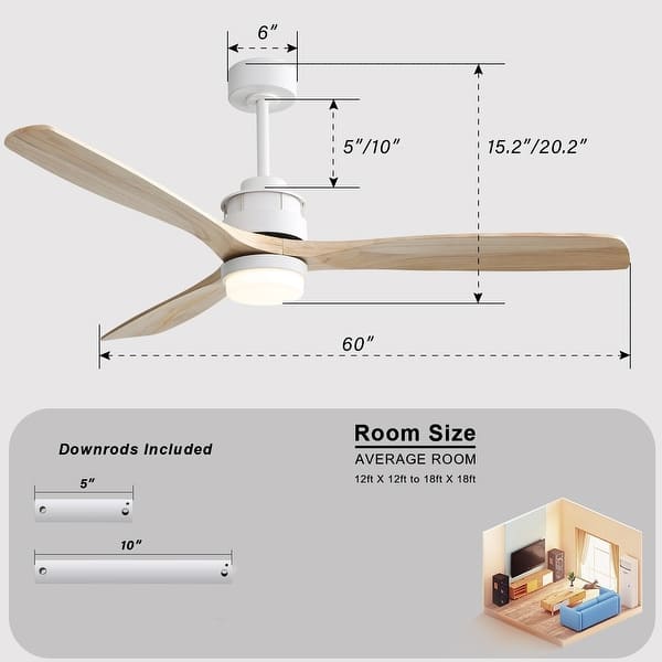 dimension image slide 5 of 14, Sofucor 48/52/56/60 Inch Solid Wood Ceiling Fan with Light and Remote, Reverse Functions, Integrated Light Optional