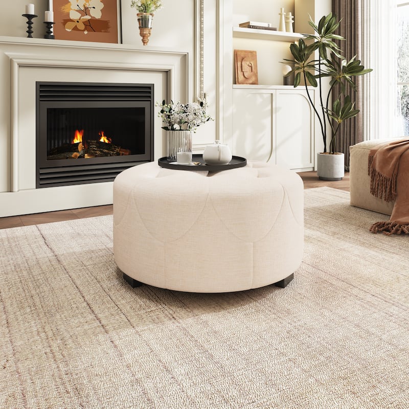 Christopher Knight Home PU Leather Button Tufted Round Ottoman - Beige - Medium