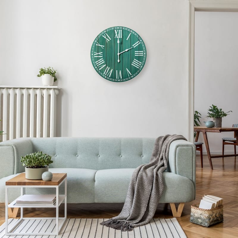 Country Rustic Coastal Round Wooden Wall Clock - 23" - Blue and White