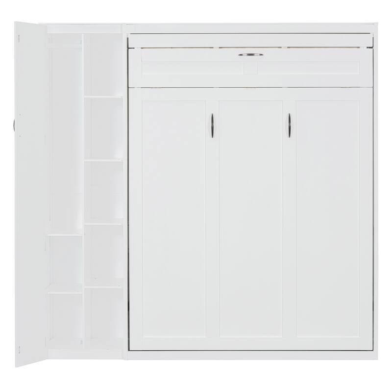 Space-Saving White Murphy Bed with Shelves, Wardrobe & LED Lights - Full Size