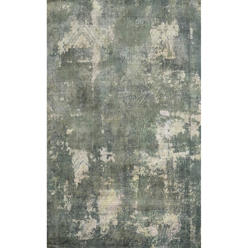 Hand Knotted Oriental Viscose Silk Carpet Modern All-Over Green Abstract Area Rug - 7' 9'' X 5' 6''