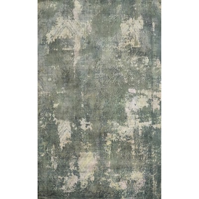 Hand Knotted Oriental Viscose Silk Carpet Modern All-Over Green Abstract Area Rug - 7' 9'' X 5' 6''