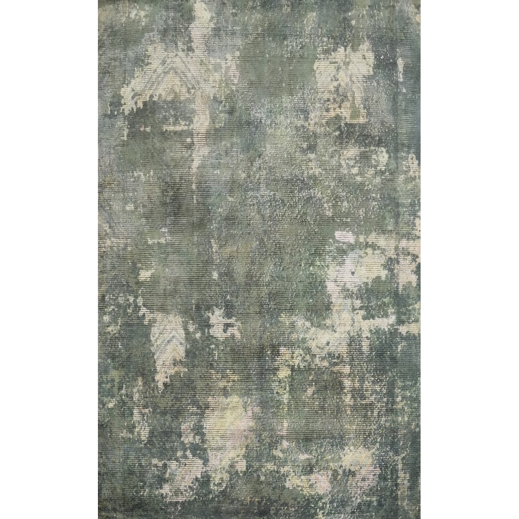 Hand Knotted Oriental Viscose Silk Carpet Modern All-Over Green Abstract Area Rug - 7' 9'' X 5' 6''
